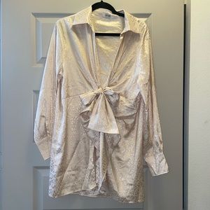 12th Tribe Champagne Unique Front Tie Satin Leopard Shirt